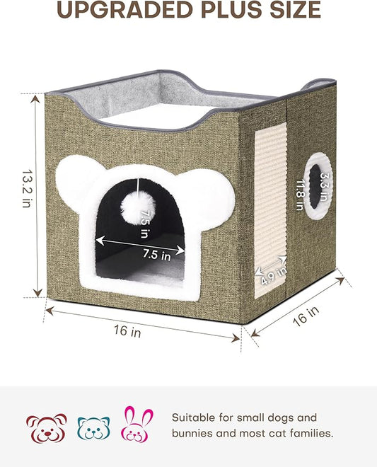 Cat Houses for Indoor Cats, Large Cat Cave with Fluffy Ball and Scratch Pad, Covered Cat Bed House, Foldable Cat Hideaway (Beige)