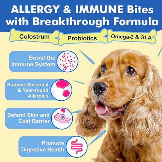 Dog Allergy Relief Chews, With Colostrum, Omega 3,6, Probiotics for Dogs, Support Immune, Dog Itching Skin Relief, Natural Dry Skin & Itch Relief for Dogs, Hot Spot Treatment, Seasonal Allergy Relief