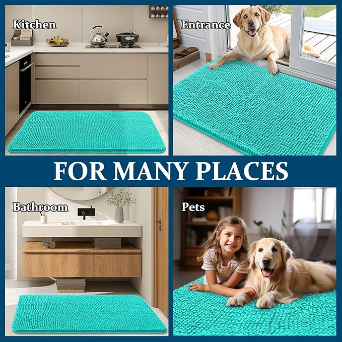 OLANLY Dog Door Mat for Muddy Paws 70x24, Absorbs Moisture and Dirt, Absorbent Non-Slip Washable Doormat, Quick Dry Chenille Mud Mat for Dogs, Entry Indoor Entryway Carpet for Inside Floor, Teal