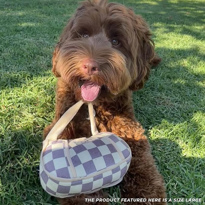 Haute Diggity Dog Checker Chewy Vuiton Handbag, Plush Designer Dog Toys with Interactive Squeaker, Stimulating Pet Enrichment, Machine-Washable & Safe Materials for All Breeds, Size Large