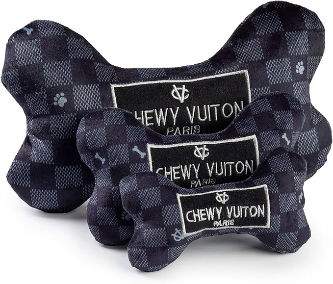 Haute Diggity Dog Black Checker Chewy Vuiton Bone, Plush Designer Dog Toys with Interactive Squeaker, Stimulating Pet Enrichment, Machine-Washable & Safe Materials for All Breeds, Size XL
