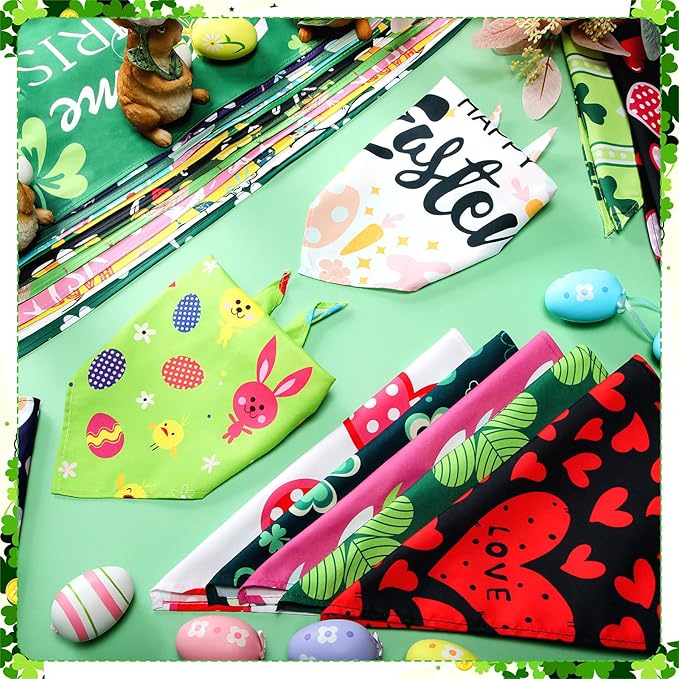 Huhumy 100 Pcs Seasonal Dog Bandanas Valentines Day St. Patrick's Day Easter Pet Bandanas Bulk Holiday Triangle Pet Bibs Scarf for Medium Large Dog Spring Festival Costume Decor