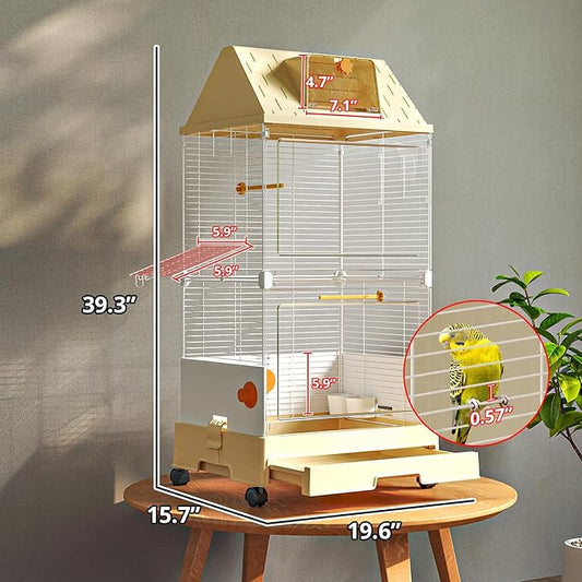Oneluck Deluxe Bird Cage,Front Transparent Panel, Drawer Tray,Roof with Window,Side Mesh Doors,Rolling Base 18.5"x13.8"x38.5" for Small/Medium Birds,Off-White