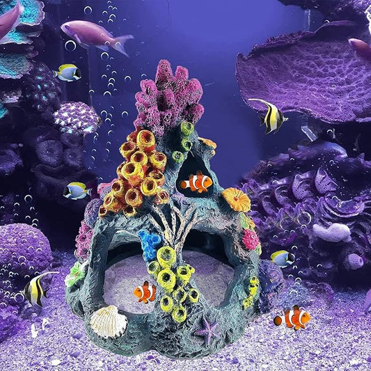 PINVNBY Coral Aquarium Decoration (Size: 6.3 x 4.7 x 4.7 inches) Small Fish Tank Decorations Resin Rock Mountain Cave Ornaments Betta Fish Hideout House for Beta Sleep Rest Hide Play Breed