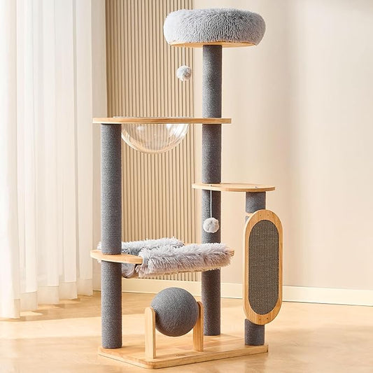 HITTITE Solid Wood Cat Tree Tower with Scratching Post, 53 Inches Tall Cat Towers with Scratching Board and Scratcher Ball, Modern Cat Tower with Space Capsule and Removable Top Bed for Indoor Cats