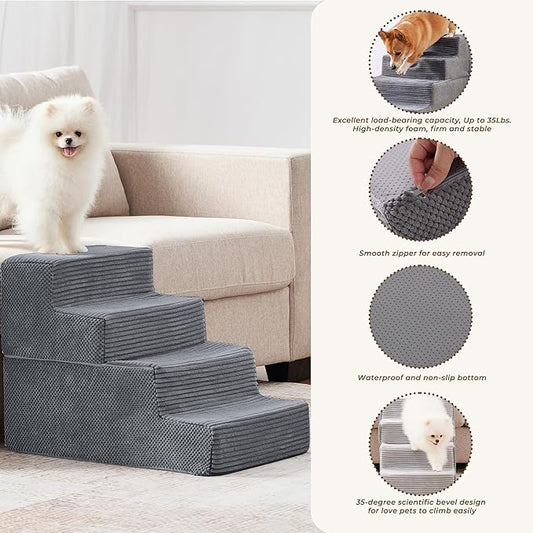 HYLEORY Dog Stairs for Bed 18''H, 4-Step Pet Stairs for Small Dogs & Cats, Sturdy Pet Steps with Non-Slip Bottom, Functional Portable Dog Ramp for Couch/Chair/Sofa/Car, with Storage Pocket, Grey