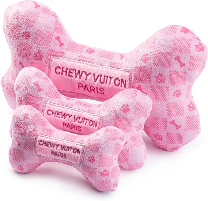 Haute Diggity Dog Pink Checker Chewy Vuiton Bone, Plush Designer Dog Toys with Interactive Squeaker, Stimulating Pet Enrichment, Machine-Washable & Safe Materials for All Breeds, Size XL