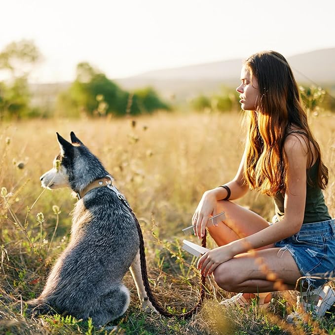 Yaomiao 9 Pcs Pet Grooming Kit - Self Cleaning Slicker Brush, Shedding Comb, Nail Clippers, File, Scissors with Adjustable Strap for Dogs and Cats