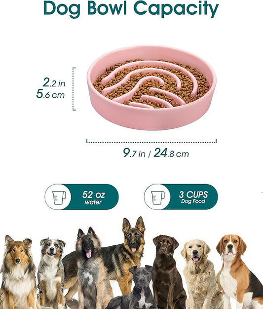 vancasso Slow Feeder Dog Bowl, 3 Cup Ceramic Slow Feeding Food Dish for Large Breed, Puzzle Dog Food Bowl for Fast Eater, Pink