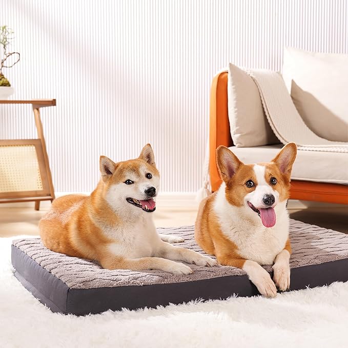 XXL Dog Crate Bed - Soft Fluffy Memory Foam Dog Bed with Anti-Slip Bottom, Machine Washable Pet Bed for Extra Large Dogs (47"x29"x4", Grey)