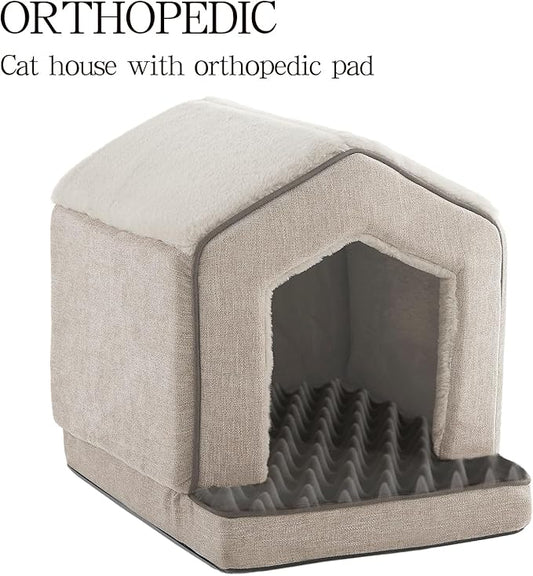 Orthopedic Cat House for Indoor Cats,Small Dogs,Super Soft Cat Bed Cave,Condos, Cubes,Cat Hideaway,Covered,Cat Bed for Kitty Small Medium Large Pet (Beige, 18" L x 15" W x 17" Th)