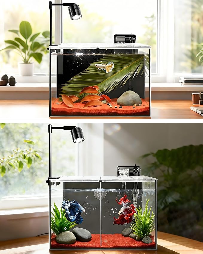 iPriro Fish Tank, 3 Gallon Ultra-Clear Glass Fish Aquarium, with Separator Plate for Betta, Fish Tank Starter kit with Filter and Led Light, Black