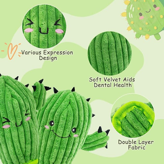 No Stuffing 3 Pack Squeaky Dog Toys- 2 in 1 Interactive Plush Dog Toy- Cactus Shaped Rip and Reveal Toy for Puppies-Indoor & Outdoor Play Training & Toss & Play