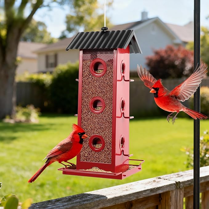 Shineforu All Metal Bird Feeder for Outdoors Hanging | 14-Port Multi-Bird Viewing | Rust-Proof, Waterproof & Easy-Clean | Attracts Cardinals, Finches, Chickadees & More (Elegant Red & Black)