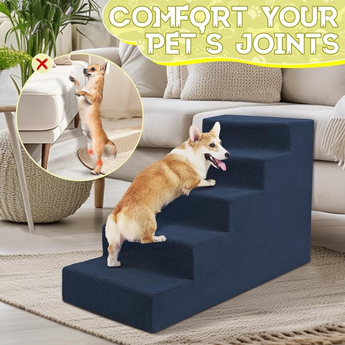 Niubya Dog Stairs for Small Dog and Cats,23”H Non-Slip Bottom Pet Steps for High Beds and Couch,High-Density Foam Pet Stairs Navy,5 Steps