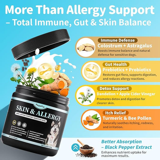 Dog Allergy Relief Chews – Advanced Itch Relief for Dogs with Probiotics, Natural Herbs, Omega-3 – Anti-Itch Skin & Coat Supplement for Dogs – Immune & Digestive Support, 90 Soft Chews