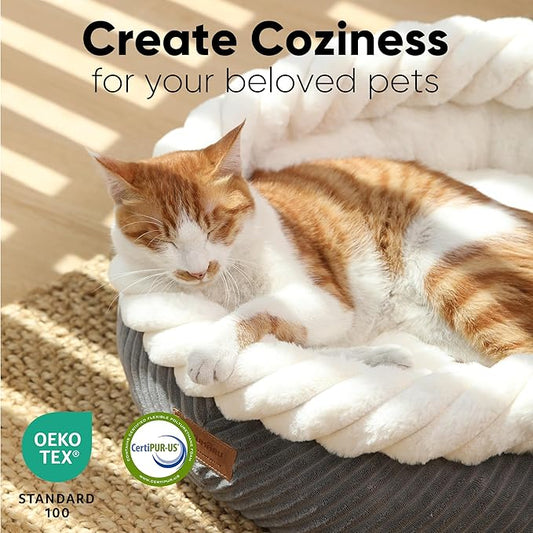 FUKUMARU Cat Bed, Calming Donut Dog Beds, Plush Faux Fur&Corduroy Cat Beds, Cute Round Washable Pet Bed for Large Cats and Small Dogs, Cat Cave with Anti-Slip Bottom, 21inch, Grey