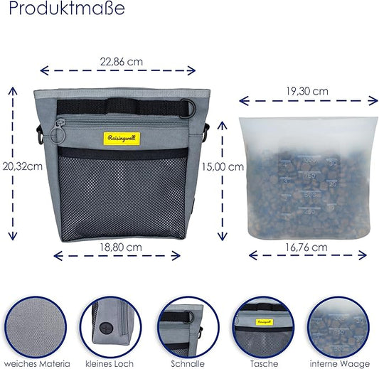 Dog Treat Pouch with Magnetic Closure 4-Cup Silicone Bag Fanny Pack Holder with Clicker 4 Ways to Wear Front Pocket Fits All Phones Ideal for Leash, Pet Walking and Training(Gray)