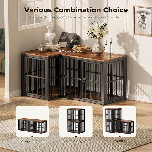 Lyromix 33'' Dog Crate Furniture with 3 Doors,Wooden Crate End Table Heavy Duty Indoor Puppy Cage for Small to Medium Dogs, Multiple Units Can be Combined, Rustic Brown