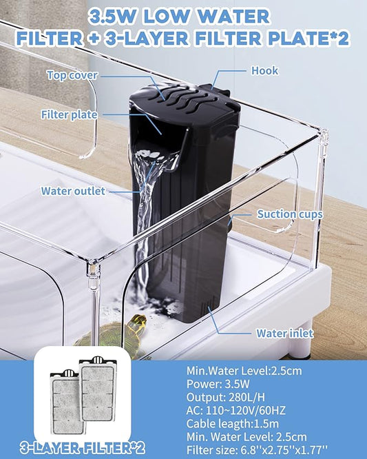 Aquarium Filter(3.5W), Fish Tank Filter, Turtle Tank Filter, Low-Water Filter for Small Fish Tank, Reptile Tank Up to 15Gallon, with 2 Cartridges(Black)