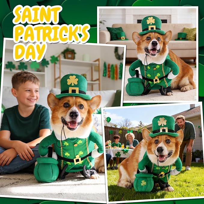Leprechaun Dog Costume, 3 PCS St Patrick’s Day Puppy Outfit with Hat & Gold Pot, Irish Lucky Theme Celebration Green Holiday Clothes Dress Up for Dogs Cat Pet Small Medium Large