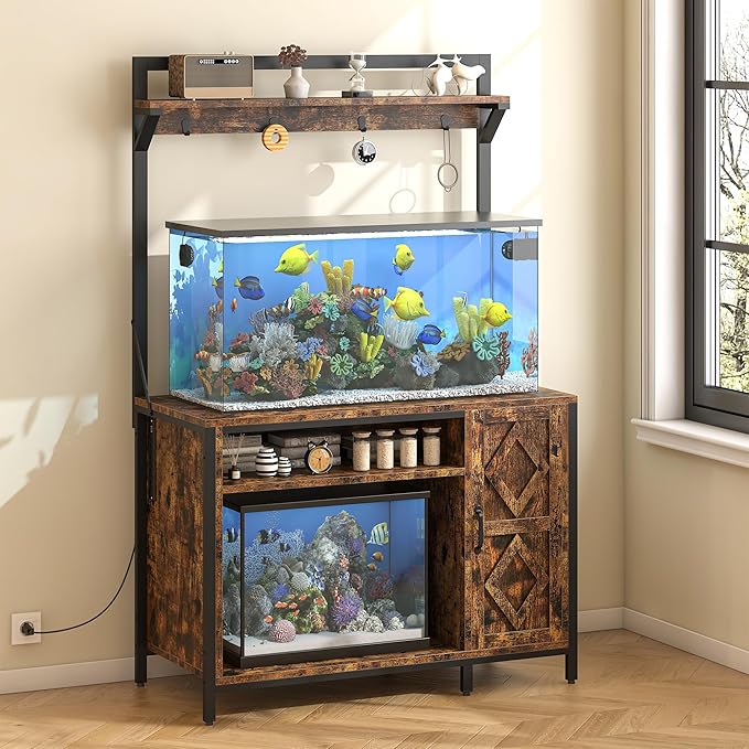 kepptory 40-50 Gallon Diamond Fish Tank Stand with Power Outlet, Heavy Duty Aquarium Cabinet with Display Shelf and 4 Hooks, Suitable for Turtle Tank, Reptile Terrarium for Home Office (Retro Brown)