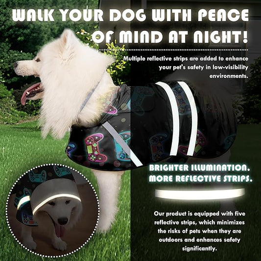 Dog Raincoat, Adjustable Rain Jacket with Hooded Double Layer for Large Medium Small Dogs Puppies, Lightweight Waterproof Rain Coat Poncho with Reflective Stripe Game Controller Black,M