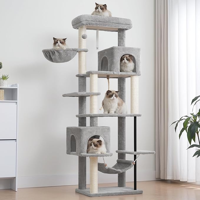 Cat Tree for Indoor Cats Large Adult, 70.5'' Cat Tower with Scratching Post, Sturdy Steel Pube Cat Tree Tower with Large Playing Platfrom, Hammock and Basket, Top Perch, Light Gray GCT024W