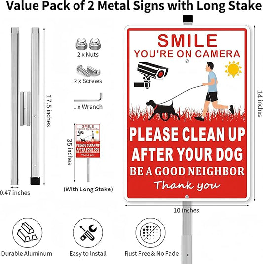 (2 Pack) Clean Up After Your Dog Signs, Please Pick Up After Your Dog Sign for Yard, No Pooping Dogs Signage -10x35 Heavy Duty Aluminum Weather Resistant and Easy to Install with Stake (Red)