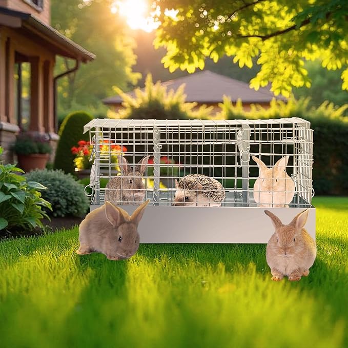 DoubleFill 3 Hole Folding Rabbit Cage, Portable Bunny Carrier with Tray and Handles for Transport, Trave or Temporary Housing, Indoor Outdoor Pet Habitat Animal Enclosure (Sliver,24 x 14 x 12 in)