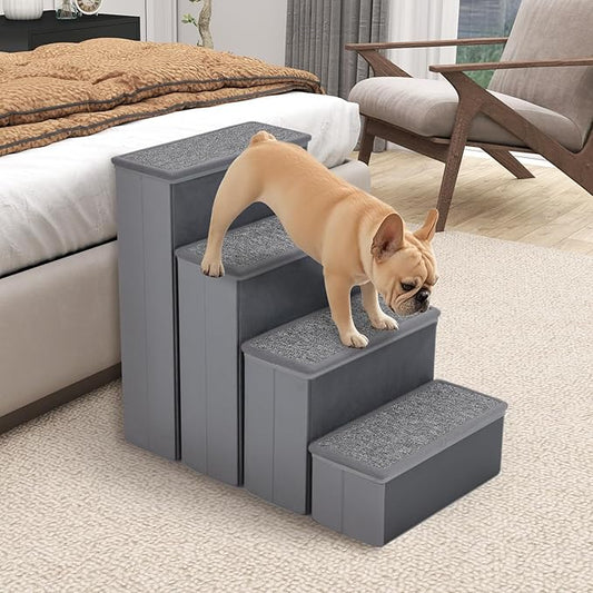 PETSITE 4-Step Dog Stairs, 23 Inch Tall Foldable Pet Stairs for Small and Medium Dogs Cats, with Storage Compartments and Non-Slip Bottom, Adjustable Dog Steps for Bed, Couch, or Sofa