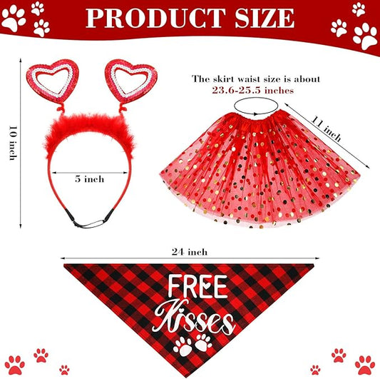 6 Pcs Dog Costume Set Including 2 Pcs Red Heart Headband 2 Pcs Buffalo Plaid Pet Bandana 2 Pcs Red Tutu Skirt, Cupid Headband Dog Tutu for Large Medium Holiday Outfit Accessory