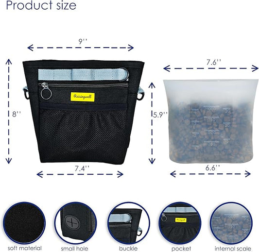 Dog Treat Pouch with Magnetic Closure 4-Cup Silicone Bag Fanny Pack Holder with Clicker 4 Ways to Wear Front Pocket Fits All Phones Ideal for Leash, Pet Walking and Training(Black)