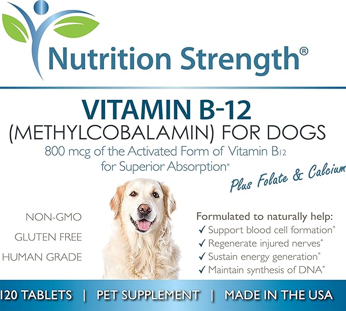 Vitamin B12 for Dogs Plus Folate & Calcium, Support the Nervous System & Blood Cell Formation, Help Sustain Cellular Energy Generation & Maintain DNA Synthesis, 120 Chewable Tablets