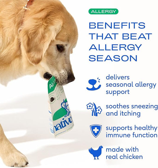 Native Pet Dog Allergy Chews - Dog Allergy Relief with Probiotics and Colostrum for Itchy Skin Relief to Support Seasonal Allergy and Healthy Immune System - All Natural Anti-Histamine - 120 Chews