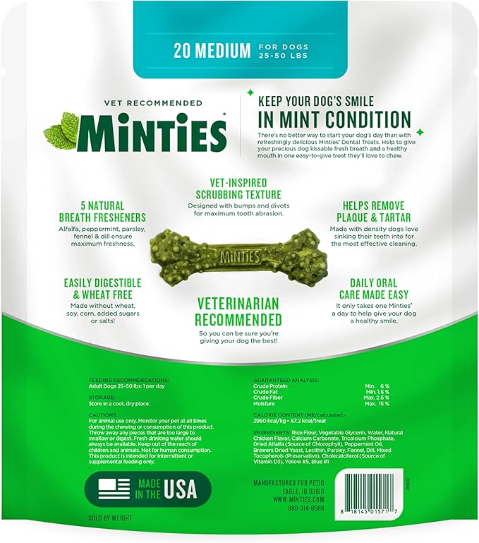 Minties Dental Chews for Dogs, 8 Count, Vet-Recommended Mint-Flavored Dental Dog Treats for Medium Sizes 25-50 lbs, Bones Clean Teeth, Fight Bad Breath, and Removes Plaque and Tartar