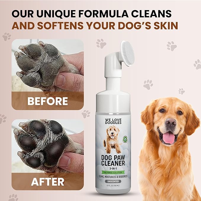 No-Rinse Dog Paw Cleaner with Built-in Silicone Bristle Brush | 3-in-1 Dirty Paw Washer Foaming Foot Cleaner for Muddy Pet Dogs & Cats | Gentle Moisturizing Waterless Shampoo - Unscented | 5 fl oz