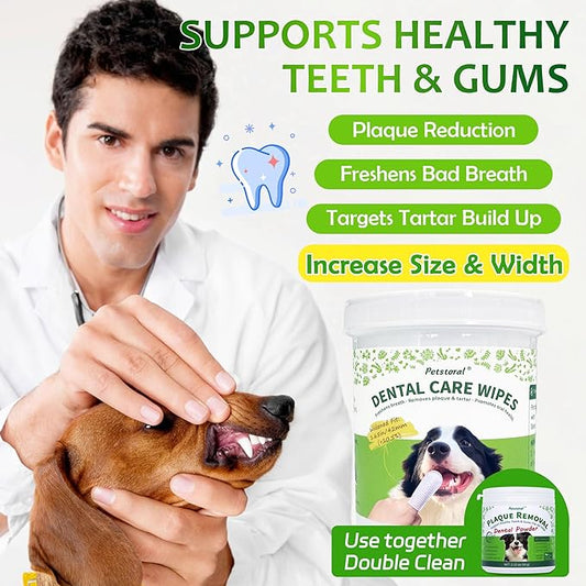 Dental Care Wipes for Dogs and Cats, 50 Count, Teeth and Gum Cleaning, Plaque and Tartar Removal, Larger and Wider Version
