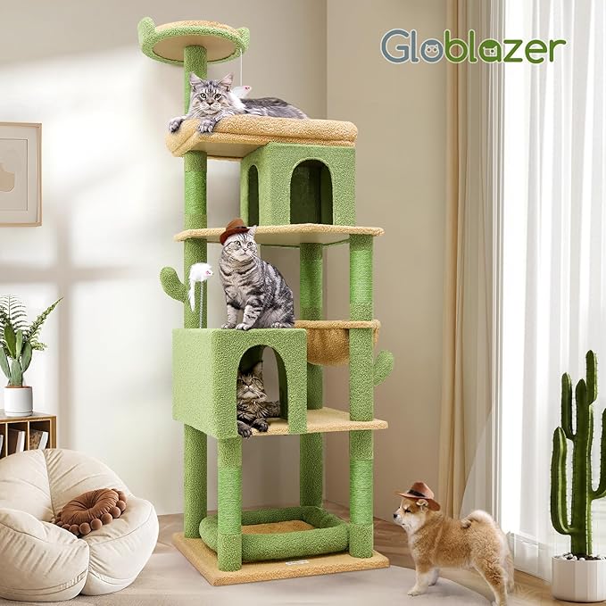 Globlazer Heavy Duty Cactus Cat Tree for Large Cats, Sturdy 72in Maine Coon Cat Tree for Large 20 lbs+ Cactus Cat Tower for Adult Biggest Cats with 6 Scratching Posts, Hammock, S72, Green