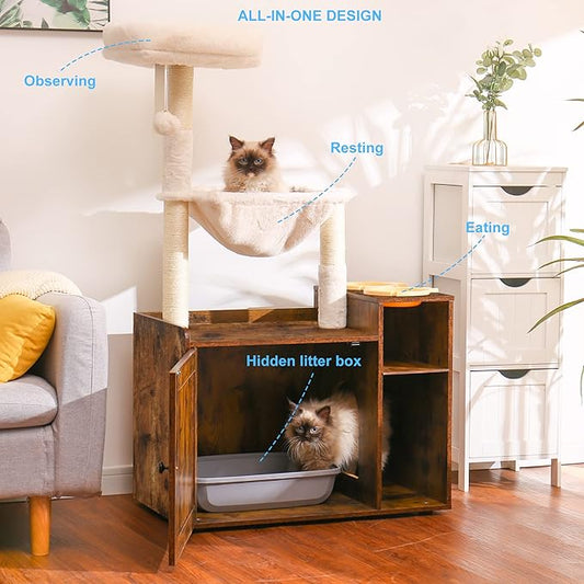 Hey-brother Cat Tree with XL Litter Box Enclosure, All-in-one Cat Tower for Indoor Cats with Large Hammock, Bed, Food Station, Scratching Posts, Modern Style Pet Furniture, Rustic Brown MPJ101SR