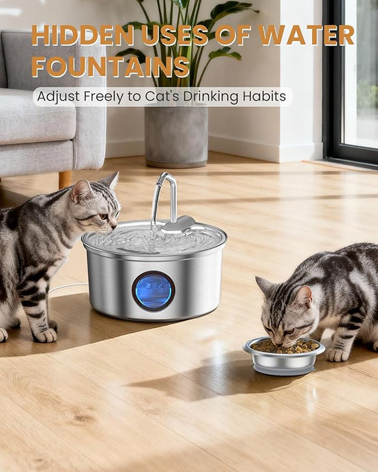 Cat Water Fountain Stainless Steel - 108oz/3.2L Ultra-Quiet Cat Fountain for Drinking with Removable Food Bowl, with 3 Filters Supplies for Cats, Small Dogs, Multiple Pets