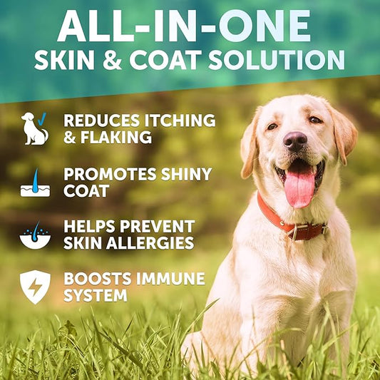 Omega 3 Fish Oil for Dogs - Dog Allergy Chews - Itch Relief & Skin and Coat Supplement with Salmon Oil - Hot Spots Treatment - Allergy & Anti Shedding Support - EPA & DHA Fatty Acids - 120 Treats