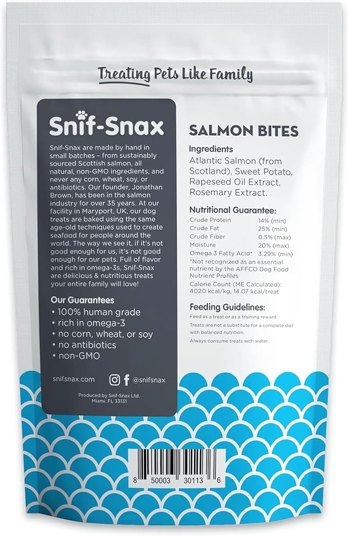 Snif-Snax Salmon Bites Dog Treats (8oz), All Natural Human-Grade Training Treats for Dogs, Healthy Grain-Free Puppy & Adult Rewards, High Protein Soft Salmon Snacks