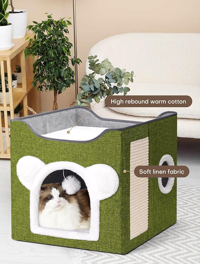 Cat Houses for Indoor Cats, Large Cat Cave with Fluffy Ball and Scratch Pad, Covered Cat Bed House, Foldable Cat Hideaway (Green)