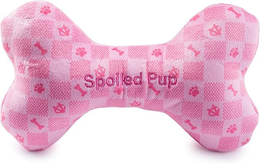 Haute Diggity Dog Pink Checker Chewy Vuiton Bone, Plush Designer Dog Toys with Interactive Squeaker, Stimulating Pet Enrichment, Machine-Washable & Safe Materials for All Breeds, Size XL