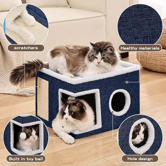 Cat Beds for Indoor Cats, Large Cat Cave with Fluffy Ball and Scratch Pad, Foldable Cat Scratch House with Hideaway Condo for Kitten,16x16x13inch,Blue