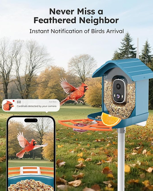 Smart Bird Feeder with Camera Solar Powered for Outdoors 2K FHD AI Recognition Hanging Bird Feeder Camera for Outside Backyard Garden, Gifts for Birdlover Mom Dad Kid (Deep Blue and Orange)