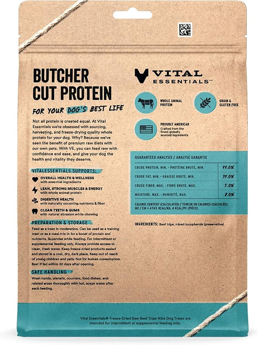Vital Essentials Beef Tripe Nibs Dog Treats, 14 oz | Freeze-Dried Raw | Single Protein | Premium Quality High Protein Training Treats | Grain Free, Gluten Free, Filler Free