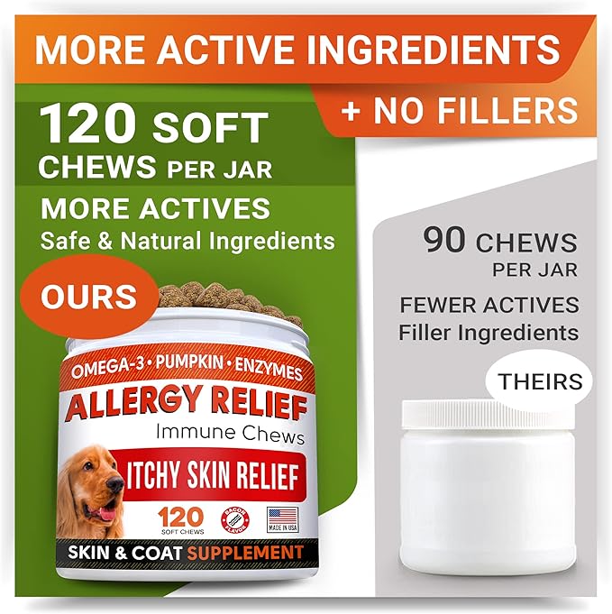 Omega 3 + Allergy Relief Dogs Bundle - Allergy & Itch + Skin & Coat Supplement - Omega 3 & Pumpkin - Itchy Skin +Itching & Licking Treats - 300 Chews - Chicken + Bacon Flavor - Made in USA