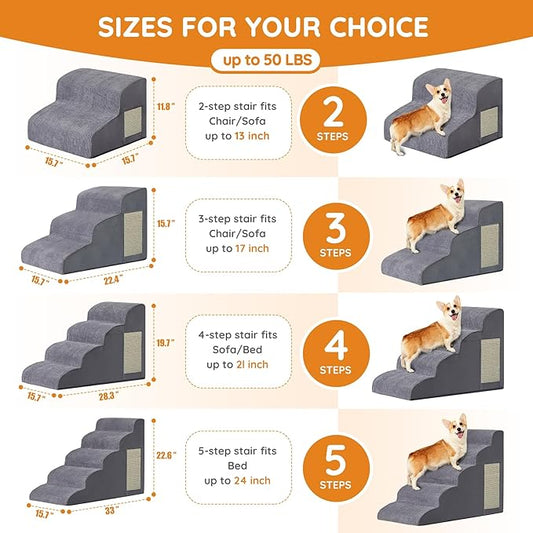 Dog Stairs for Small Dogs, 4-Step Dog Ramp for Bed 19.7" H, Dogs Steps for Bed, Couch, Pet Stairs with Non-Slip Bottom Design, Cat Scratching, High Density Foam Portable Pet Steps, Indoor, Grey